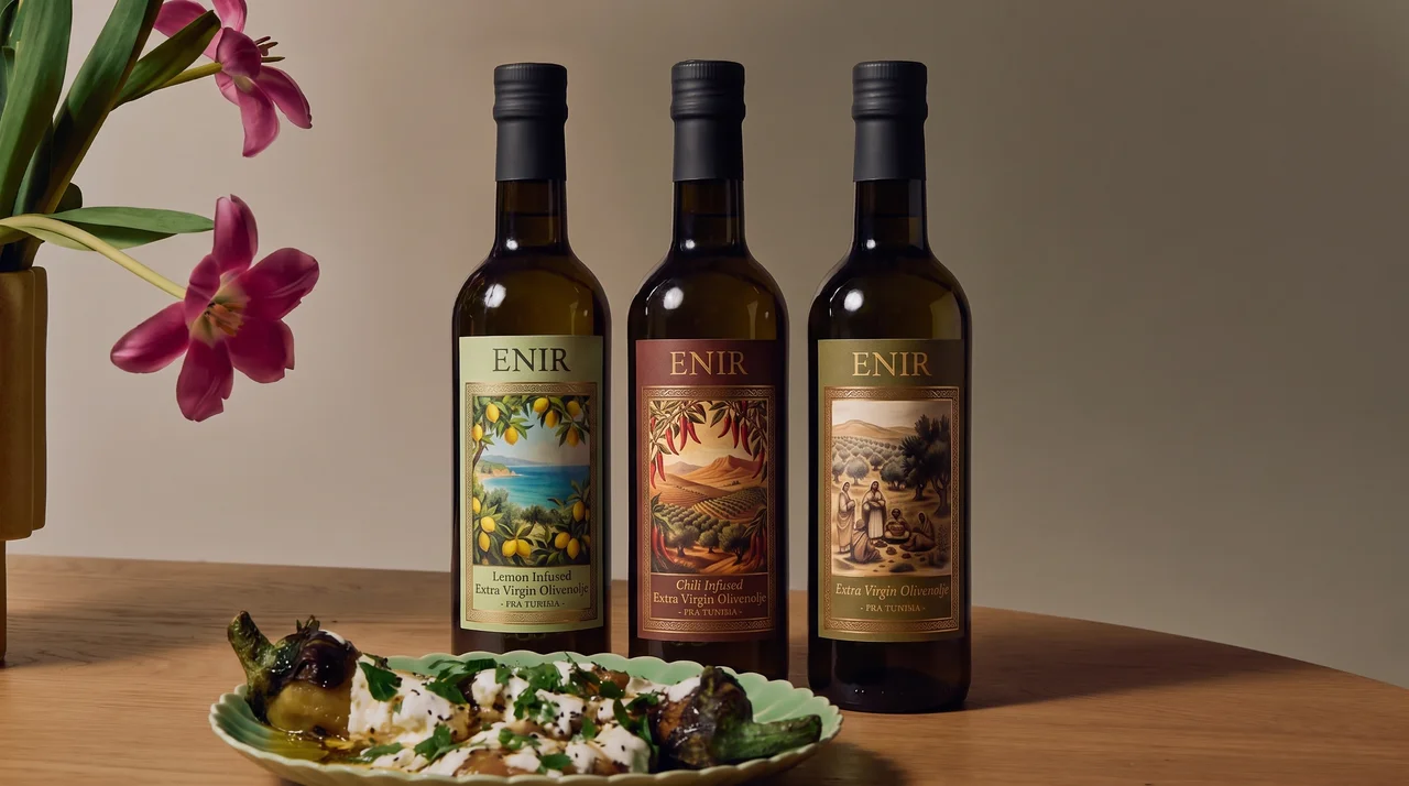 Tre flasker extra virgin olivenolje — sitron, chili og original — på et trebord ved siden av en grillet forrett